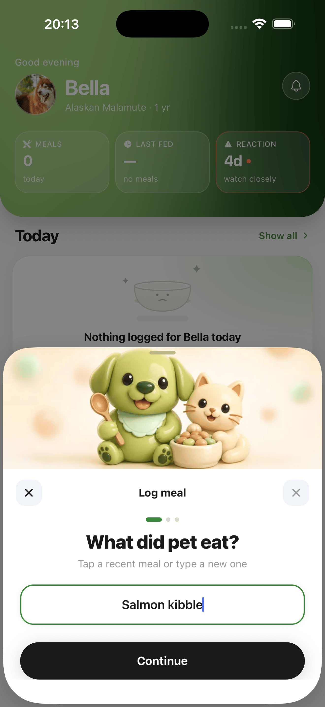 Bella's meal log with PawSolids' signature character art