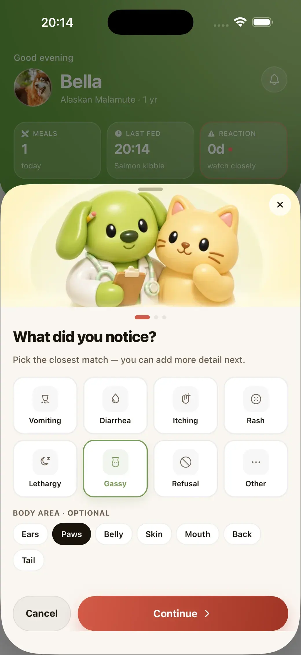 Logging a symptom in PawSolids